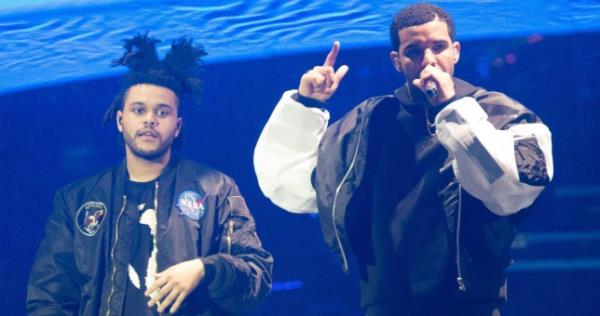 Canadian singer The Weeknd aka Abel Tesfaye performs with Canadian rapper Drake aka Aubrey Drake Graham at his first Lo<em></em>ndon show at the O2 Arena, London, England, UK on Monday, 24th March 2014. Drake in co<em></em>ncert at The O2 Arena, London, Britain - 24 March 2014. Mandatory Credit: Photo by Jeff Barclay/REX Shutterstock (3669266w)